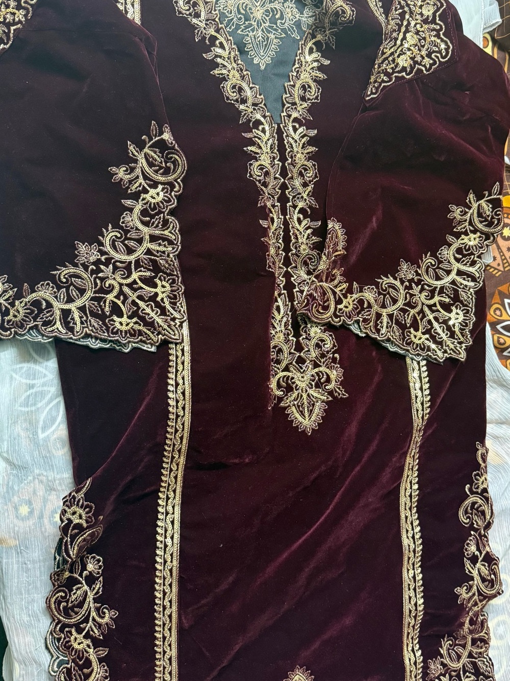 Embroidered Velvet Women's Dress in Deep Burgundy